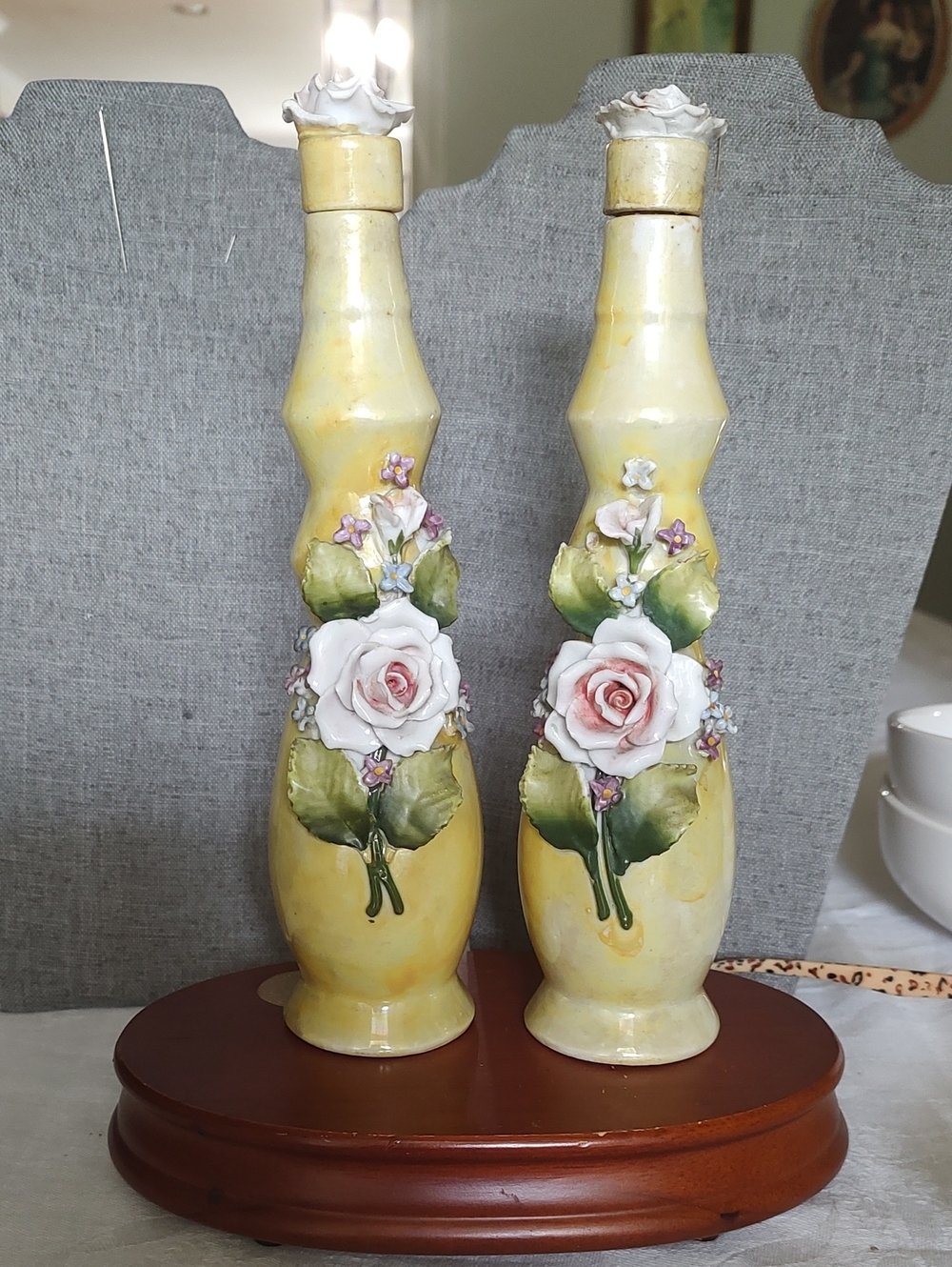 ANTIQUE GERMANY YELLOW LUSTERWARE APPLIED FLOWERS PORCELAIN PERFUME BOTTLES